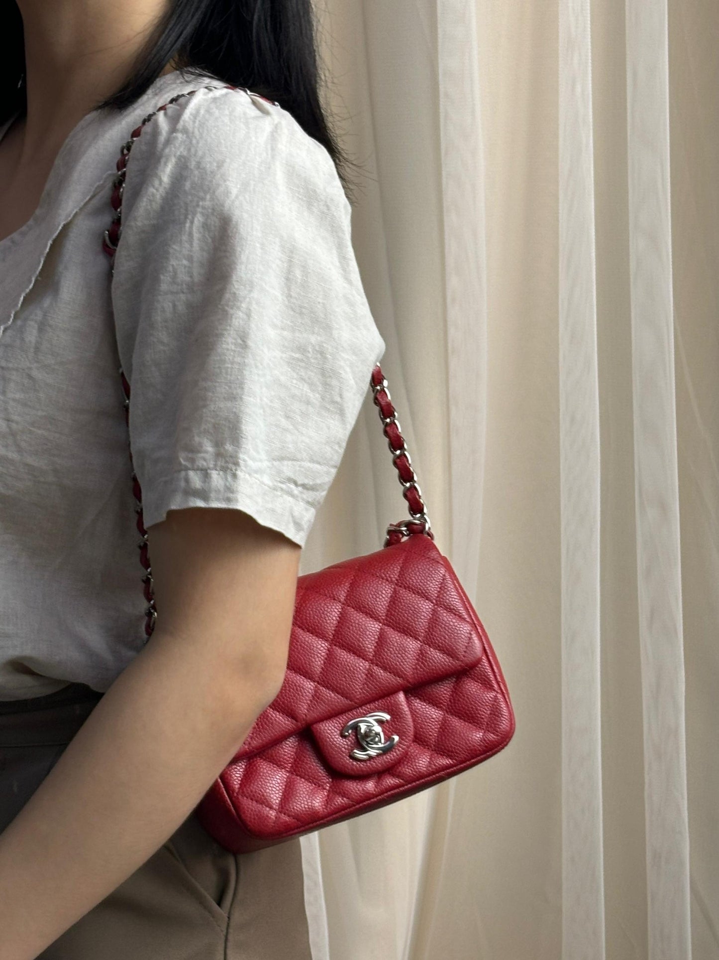 Chanel Red Caviar Mini Square Flap Bag SHW