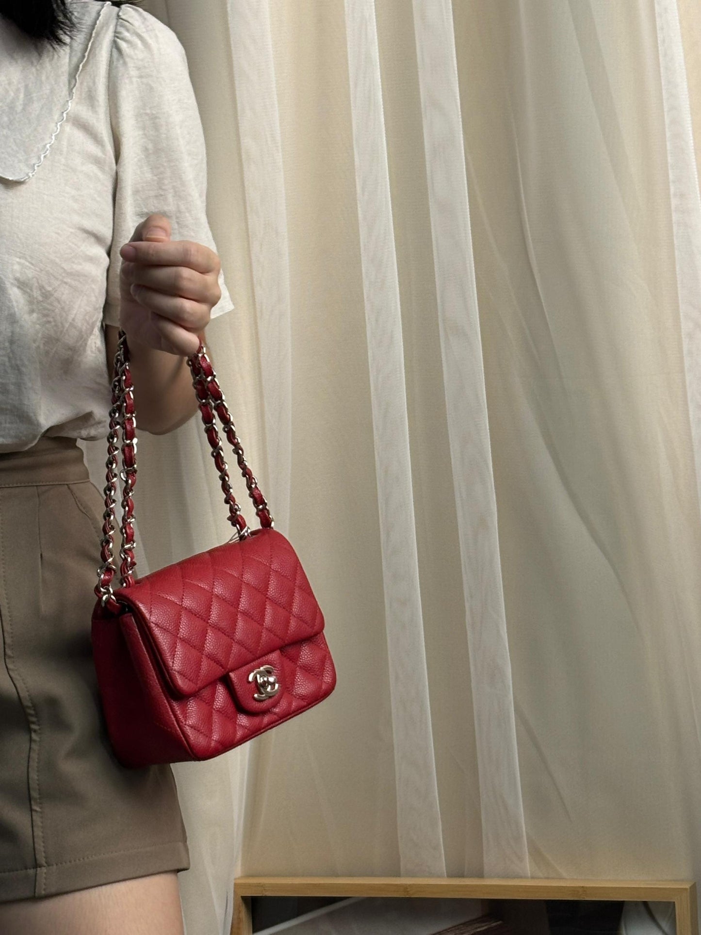 Chanel Red Caviar Mini Square Flap Bag SHW