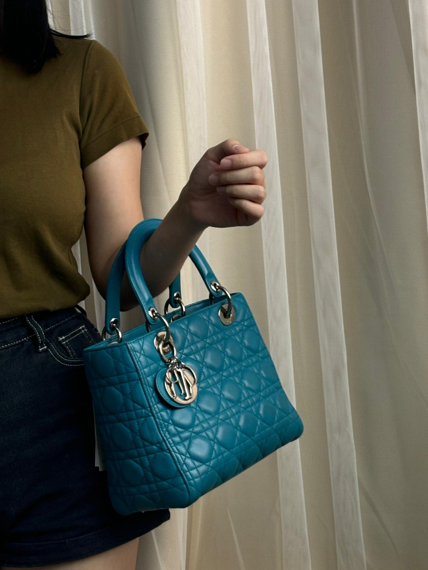 Dior Turquoise Lambskin Medium Lady D SHW