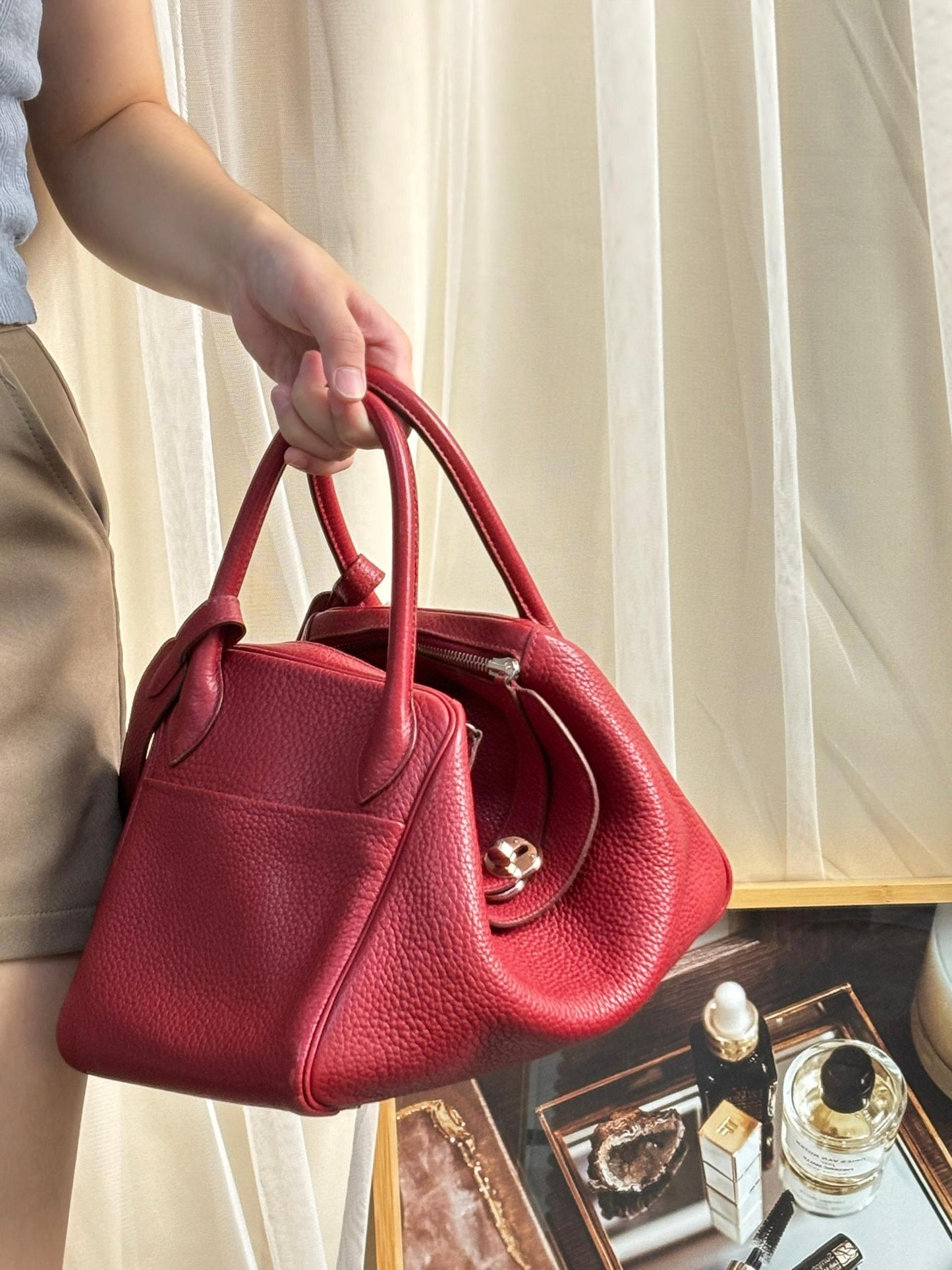 Hermes Red Clemence Lindy 30 PHW