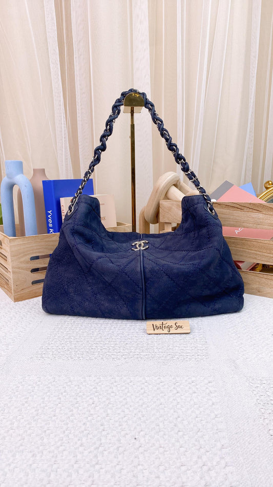 Chanel Navy Calfskin Stitiched Hobo Tote