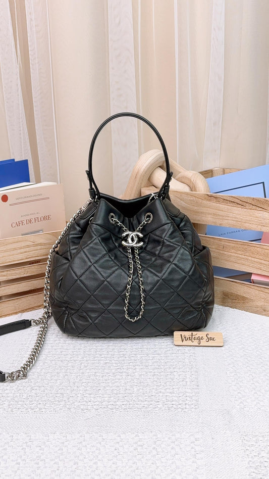 Chanel Black Lambskin Quilted Drawstring Bucket Bag SHW