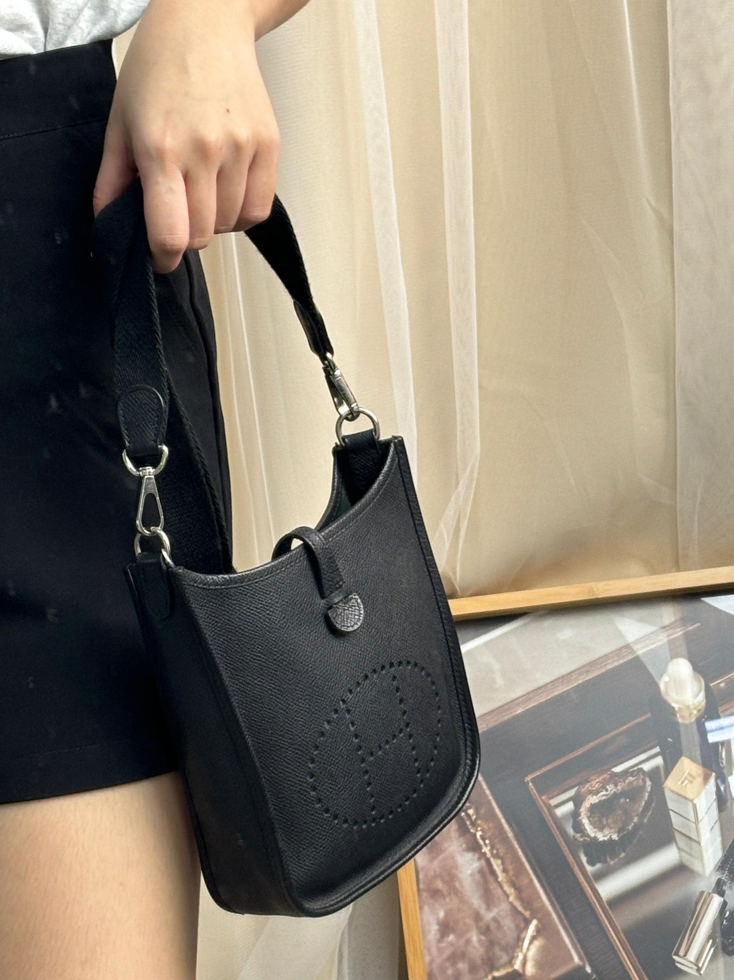 Hermes Noir Epsom Mini Evelyne PHW