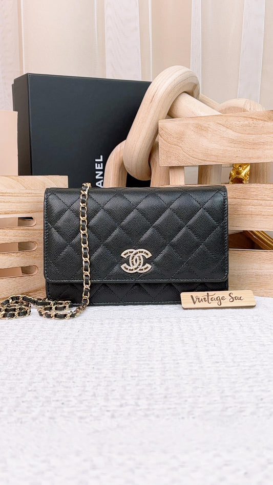 Chanel Black Caviar 22S Crystal CC WOC GHW