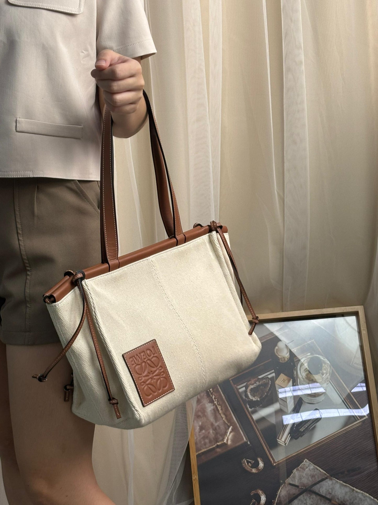 Loewe Brown Beige Canvas Cushion Tote