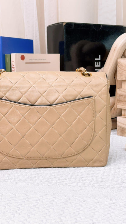 Chanel Beige Lambskin Vintage Trimmed Single Flap Bag GHW