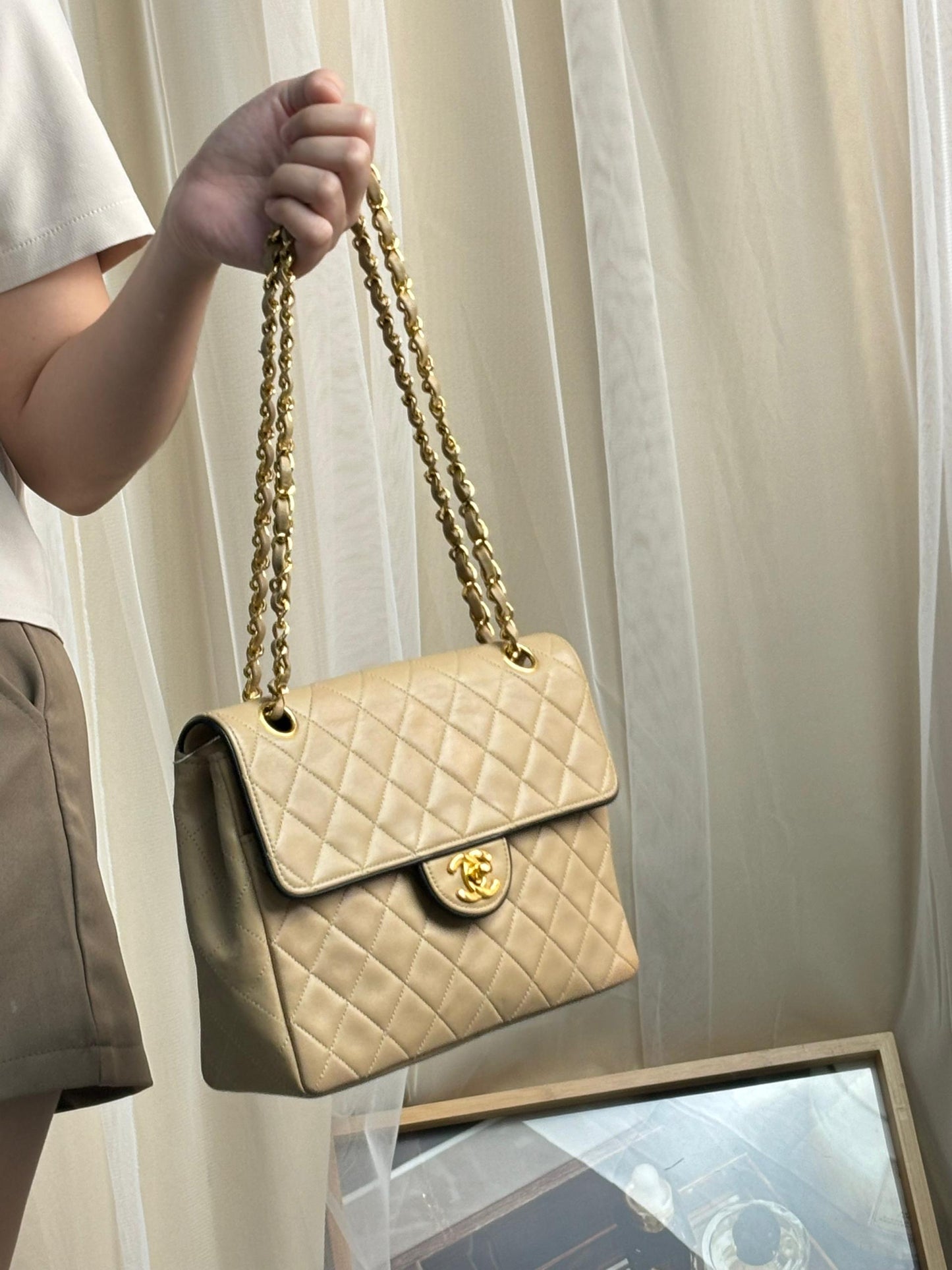 Chanel Beige Lambskin Vintage Trimmed Single Flap Bag GHW