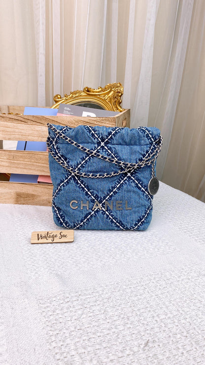 Chanel Blue Stitched Denim Mini 22 Shoulder Bag