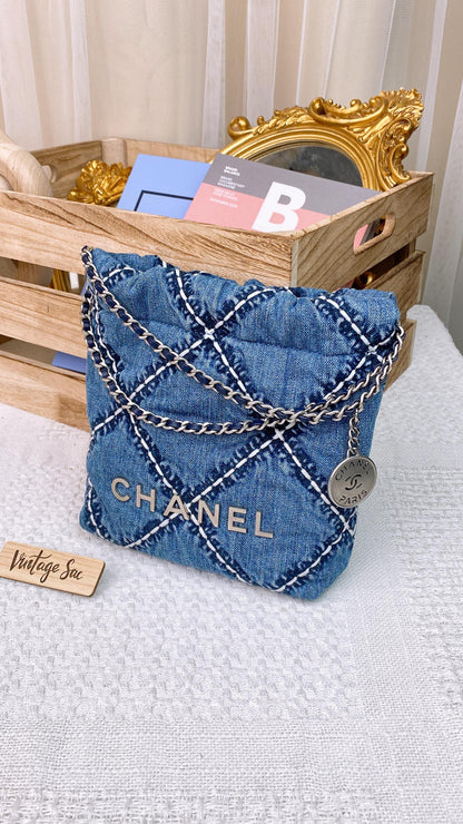 Chanel Blue Stitched Denim Mini 22 Shoulder Bag