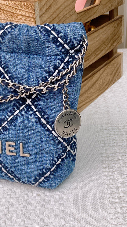 Chanel Blue Stitched Denim Mini 22 Shoulder Bag