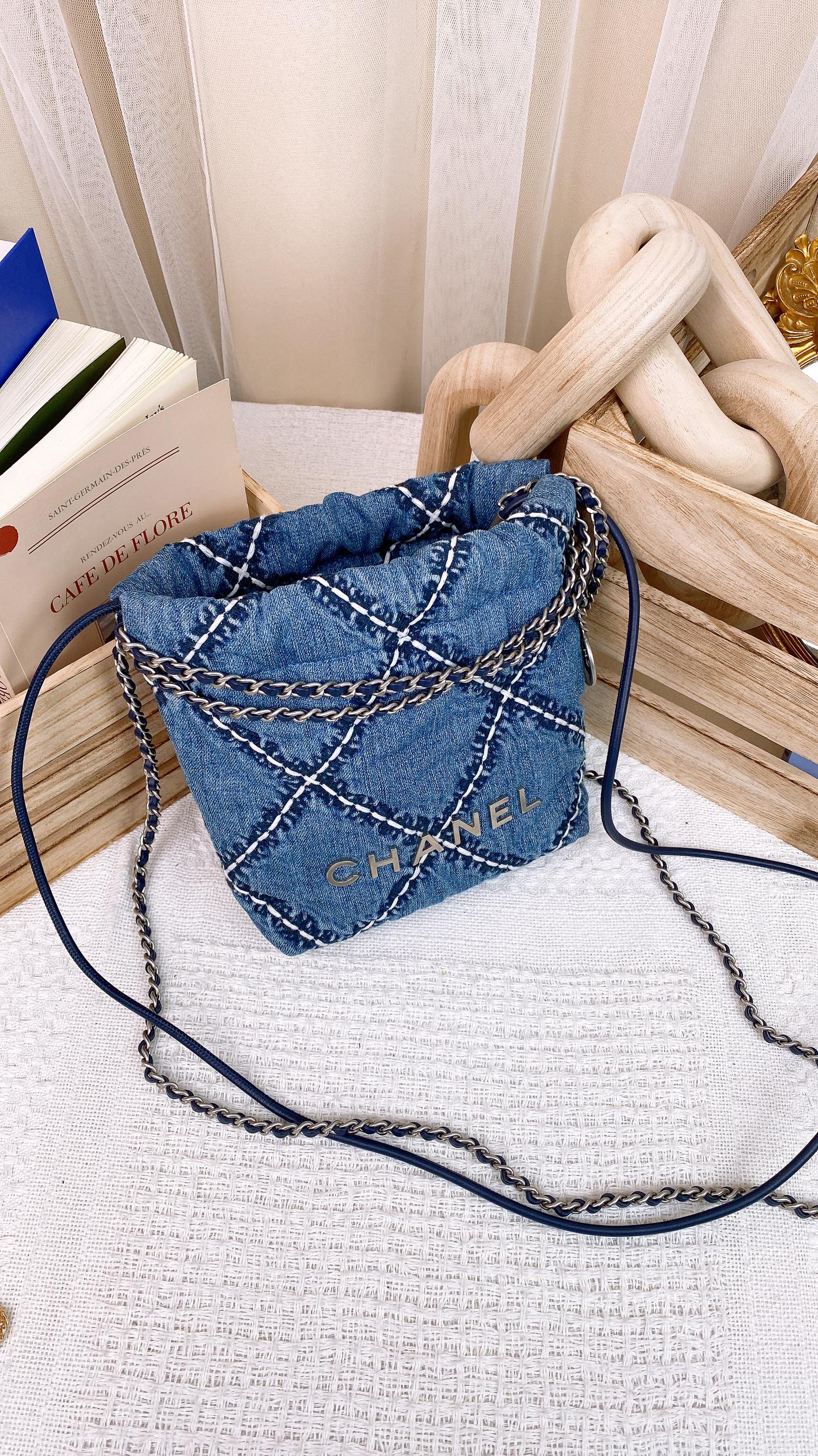 Chanel Blue Stitched Denim Mini 22 Shoulder Bag