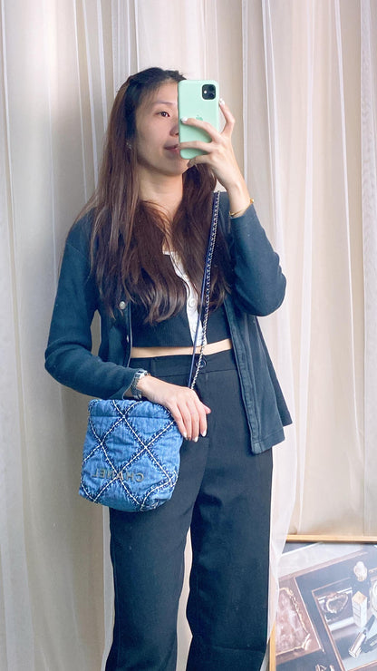 Chanel Blue Stitched Denim Mini 22 Shoulder Bag