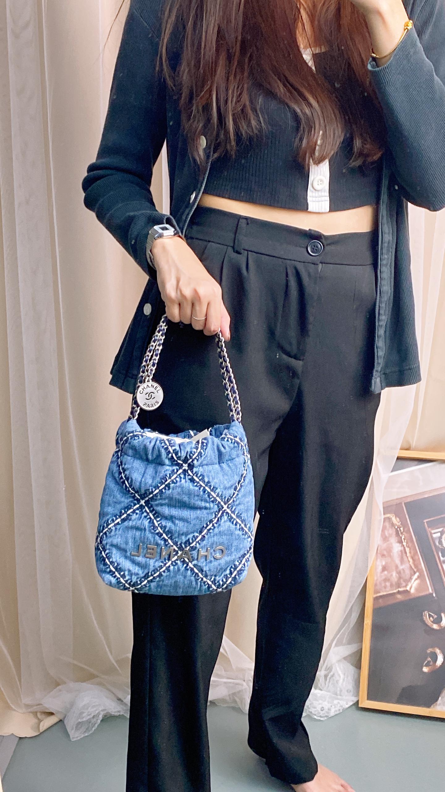 Chanel Blue Stitched Denim Mini 22 Shoulder Bag