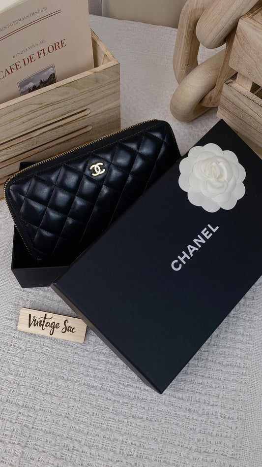 Chanel Black Lambskin Zip around Wallet