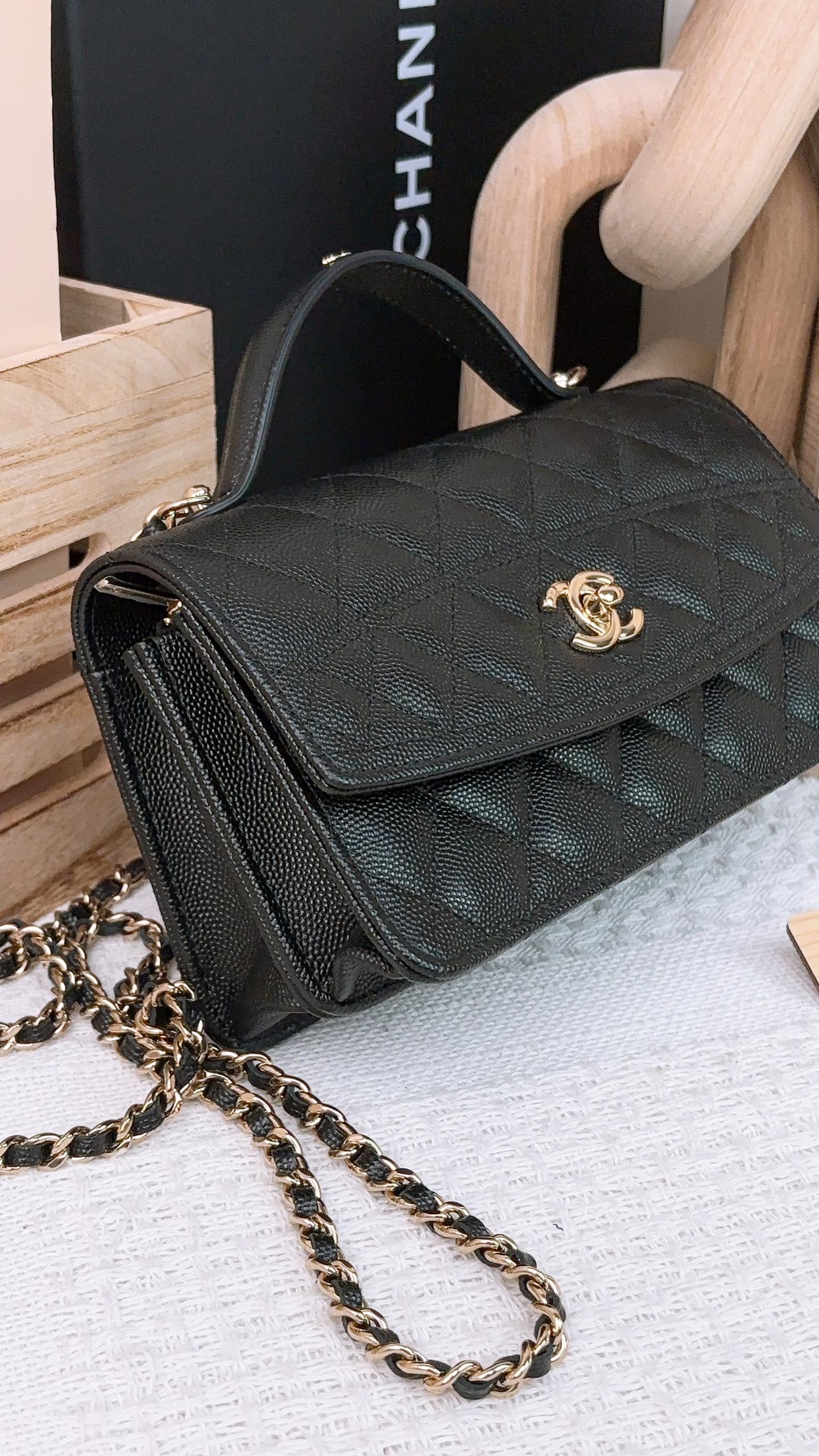 Chanel Black Caviar 25C Top Handle Clutch on Chain LGHW