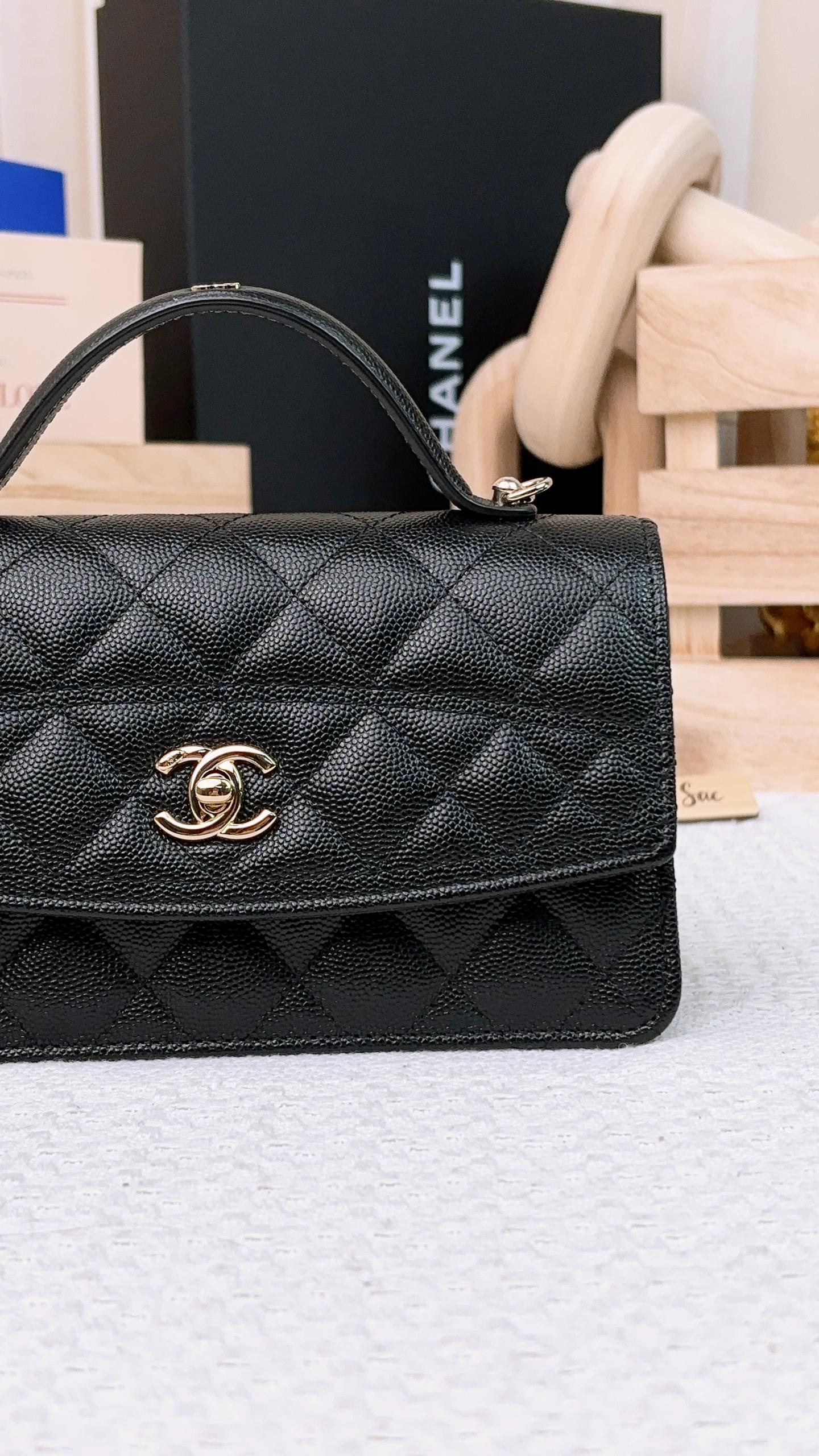 Chanel Black Caviar 25C Top Handle Clutch on Chain LGHW