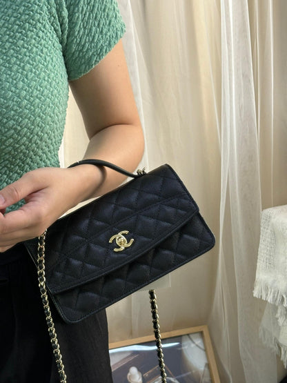 Chanel Black Caviar 25C Top Handle Clutch on Chain LGHW