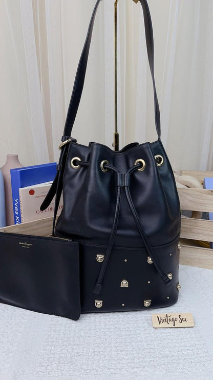 Ferragamo Black Studded City Bag (GHW)