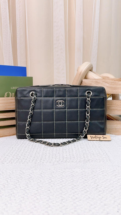 Chanel Black Calfskin Vintage Wild Stitch Choco Bar Shoulder Bag SHW