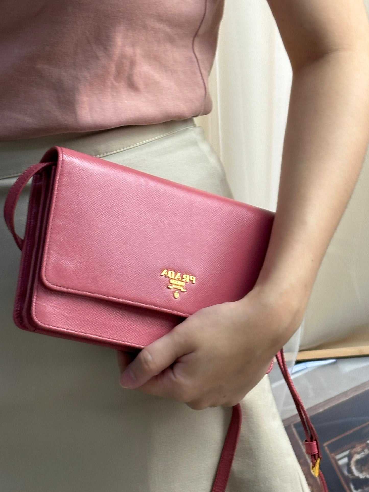 Prada Pink Saffiano Wallet on Strap