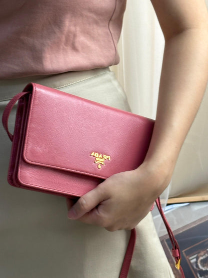 Prada Pink Saffiano Wallet on Strap