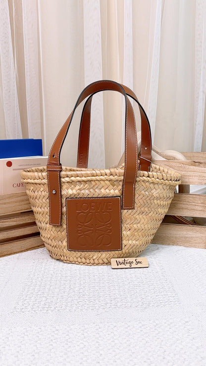 Loewe Palm Leaf and Calfskin Small Basket Bag