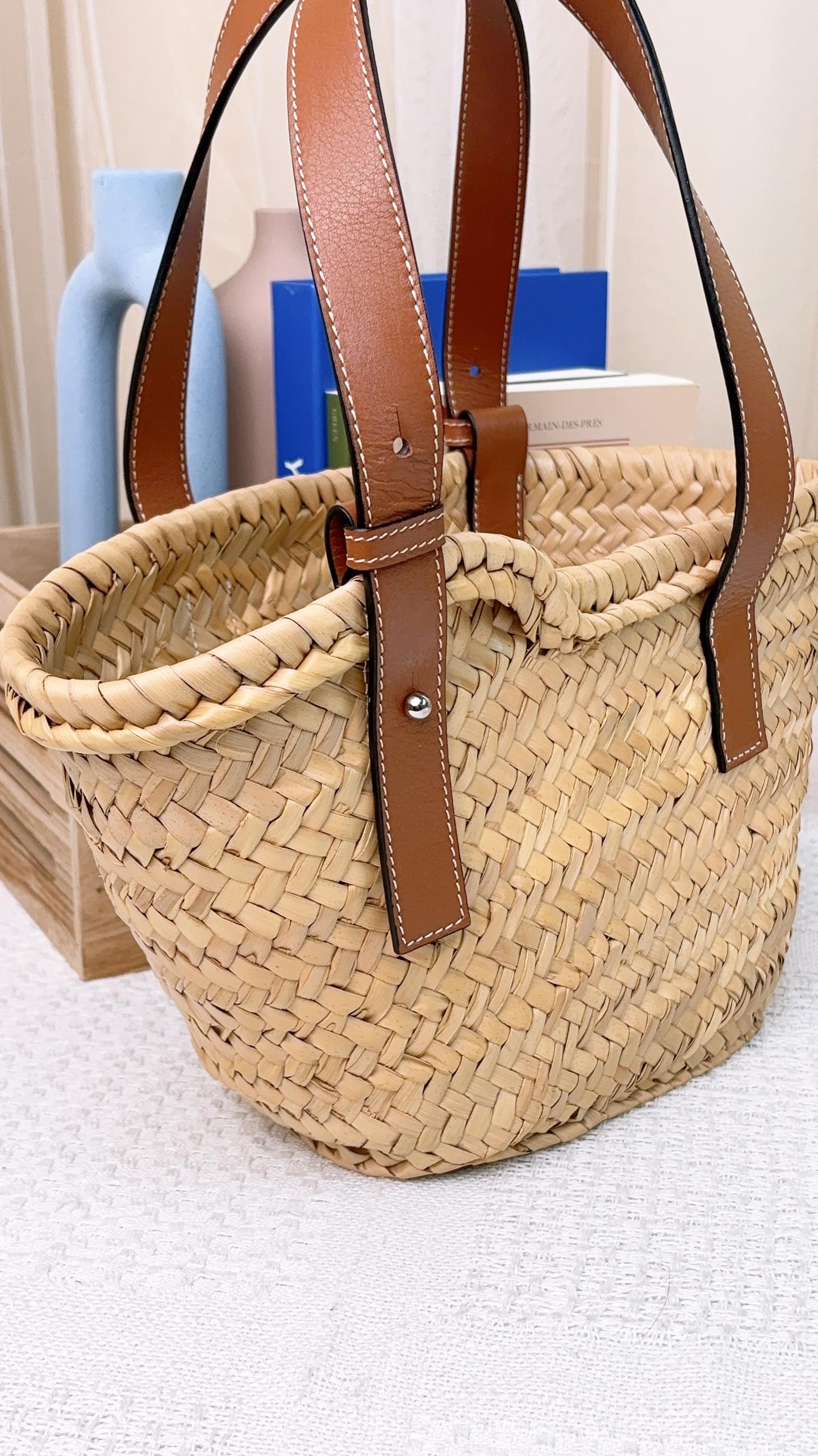 Loewe Palm Leaf and Calfskin Small Basket Bag