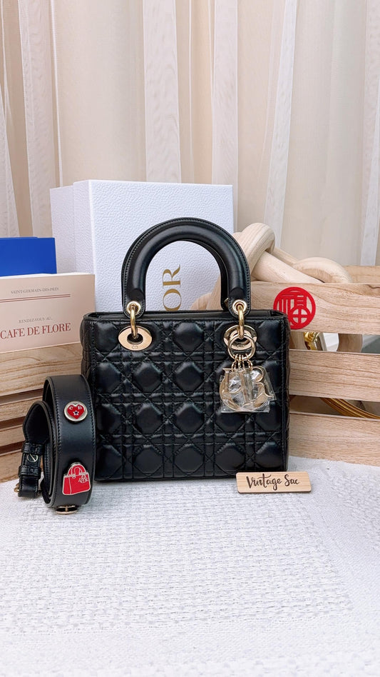 Dior Black Lambskin Small Lady D with Abc Strap