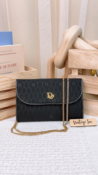 Dior Black Honeycomb Vintage Clutch on Chain