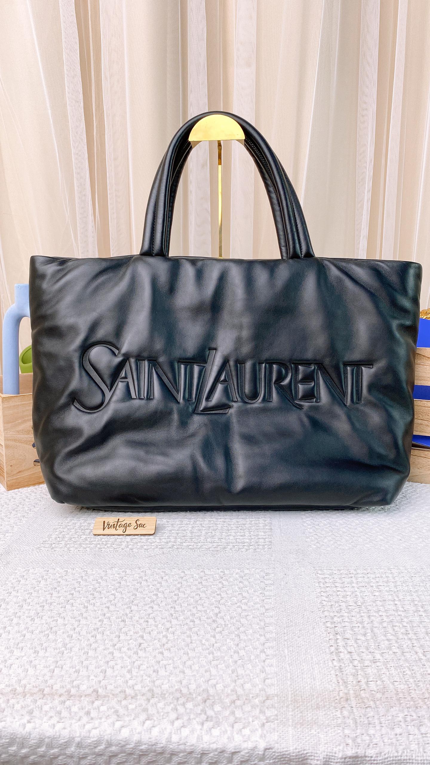 YSL Black Agneau Puffy Embroidered Leather Tote