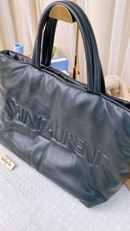 YSL Black Agneau Puffy Embroidered Leather Tote