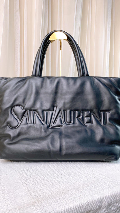 YSL Black Agneau Puffy Embroidered Leather Tote