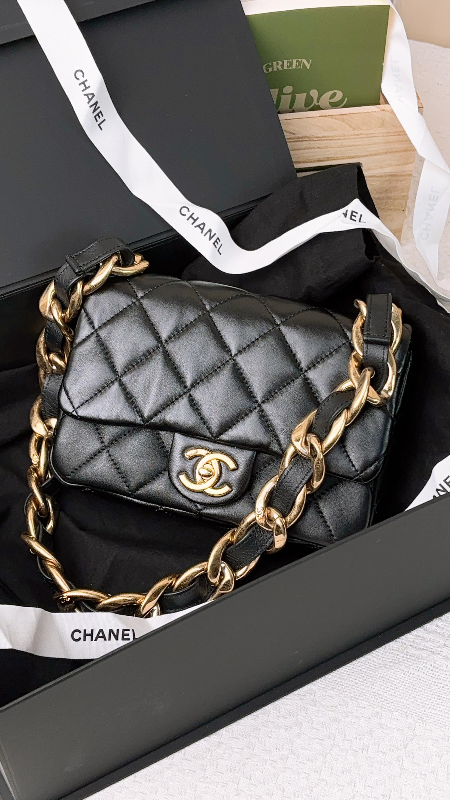 Chanel Black Lambskin 22S Funky Town Small Flap Bag GHW