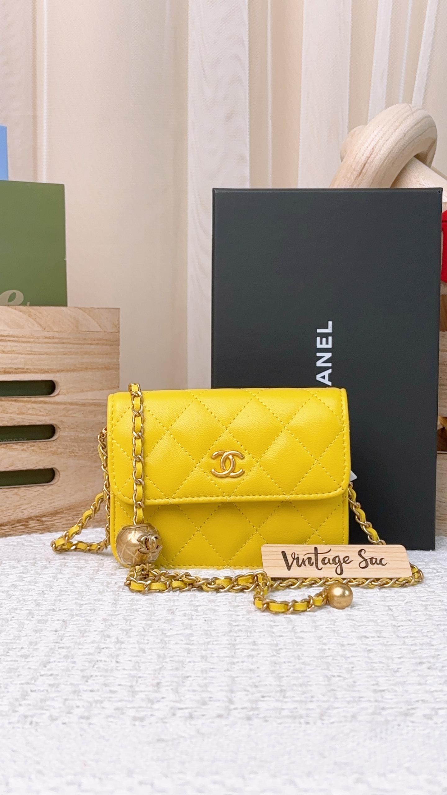 Chanel Yellow Lambskin Mini Pearl Crush Card Holder GHW