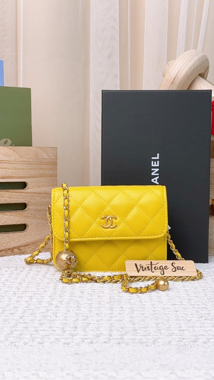 Chanel Yellow Lambskin Mini Pearl Crush Card Holder GHW