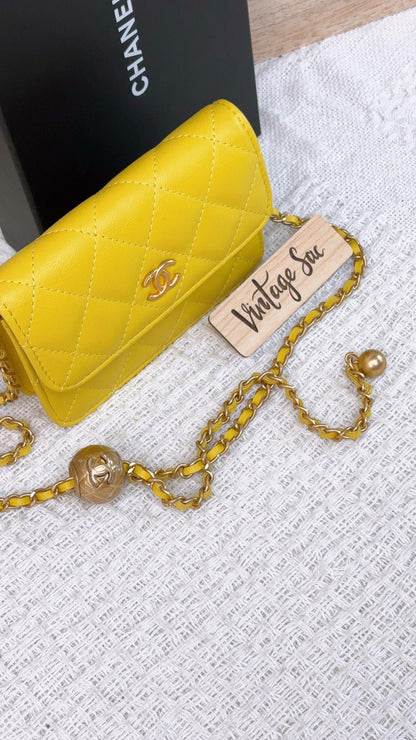 Chanel Yellow Lambskin Mini Pearl Crush Card Holder GHW