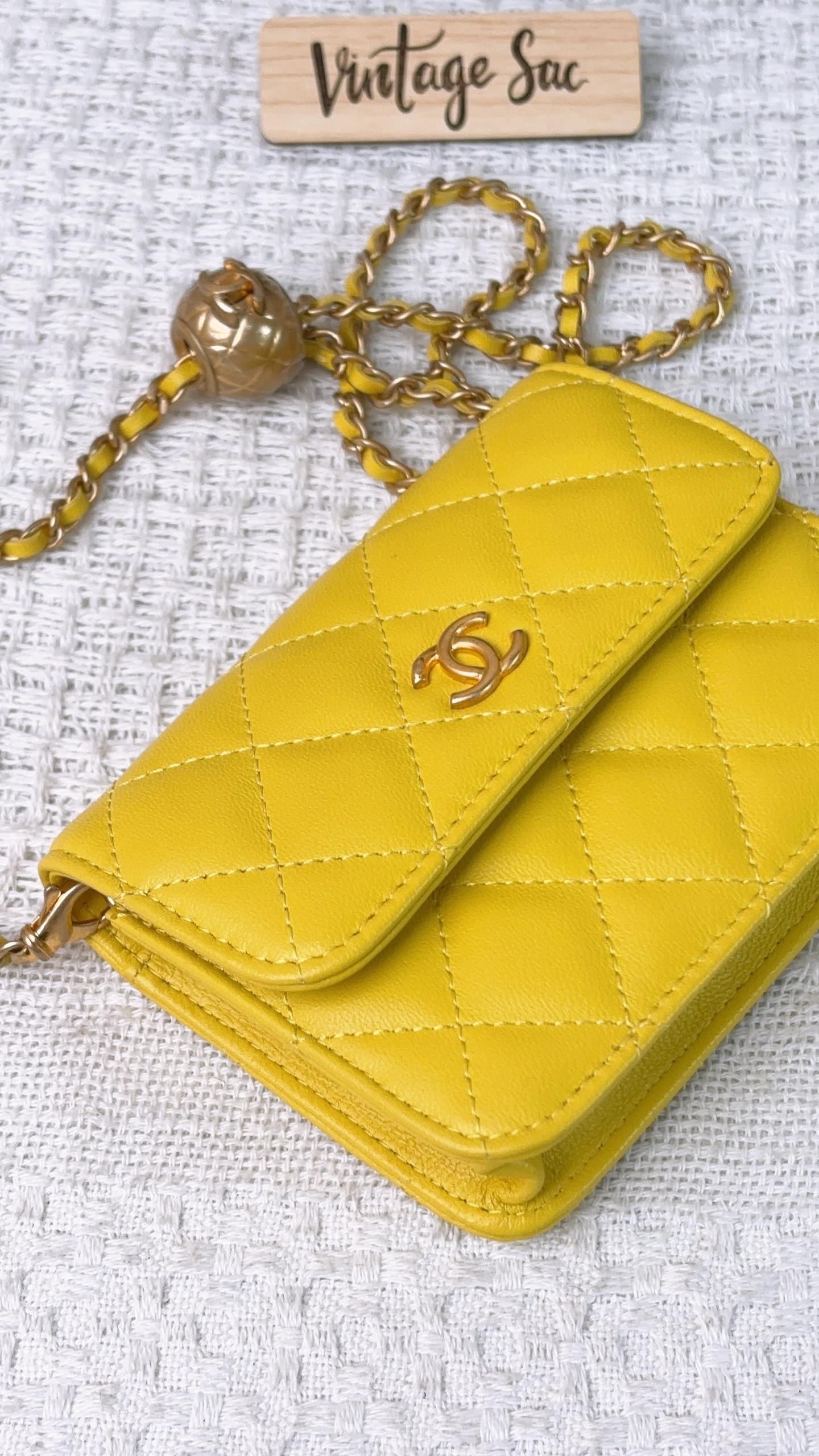 Chanel Yellow Lambskin Mini Pearl Crush Card Holder GHW