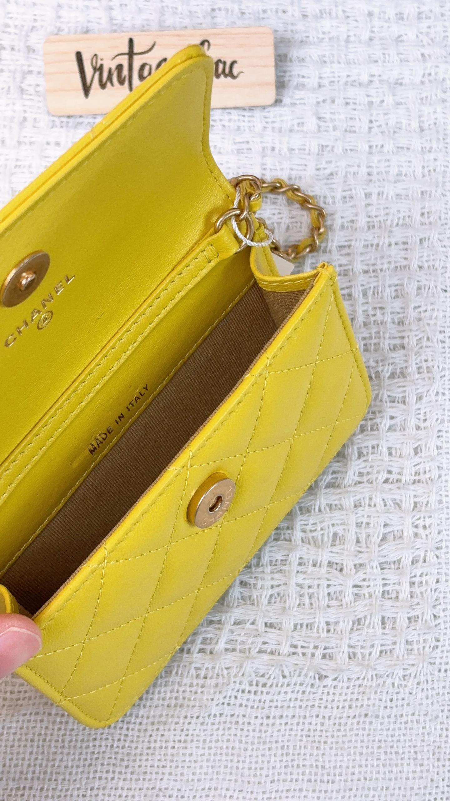 Chanel Yellow Lambskin Mini Pearl Crush Card Holder GHW