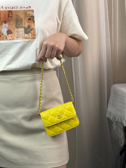 Chanel Yellow Lambskin Mini Pearl Crush Card Holder GHW