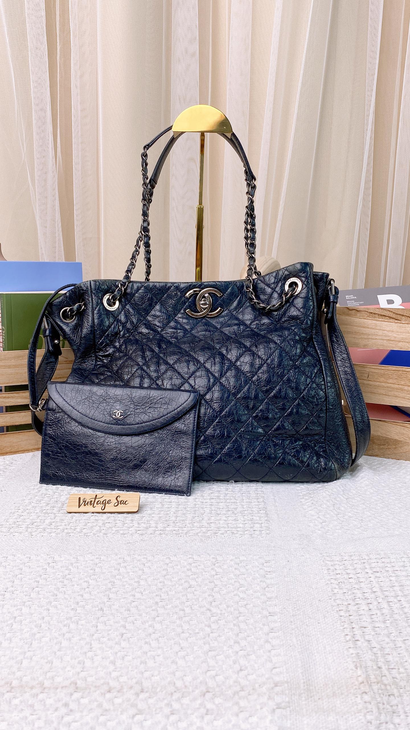 Chanel Dark Navy Calfskin Distressed CC Tote w Pouch