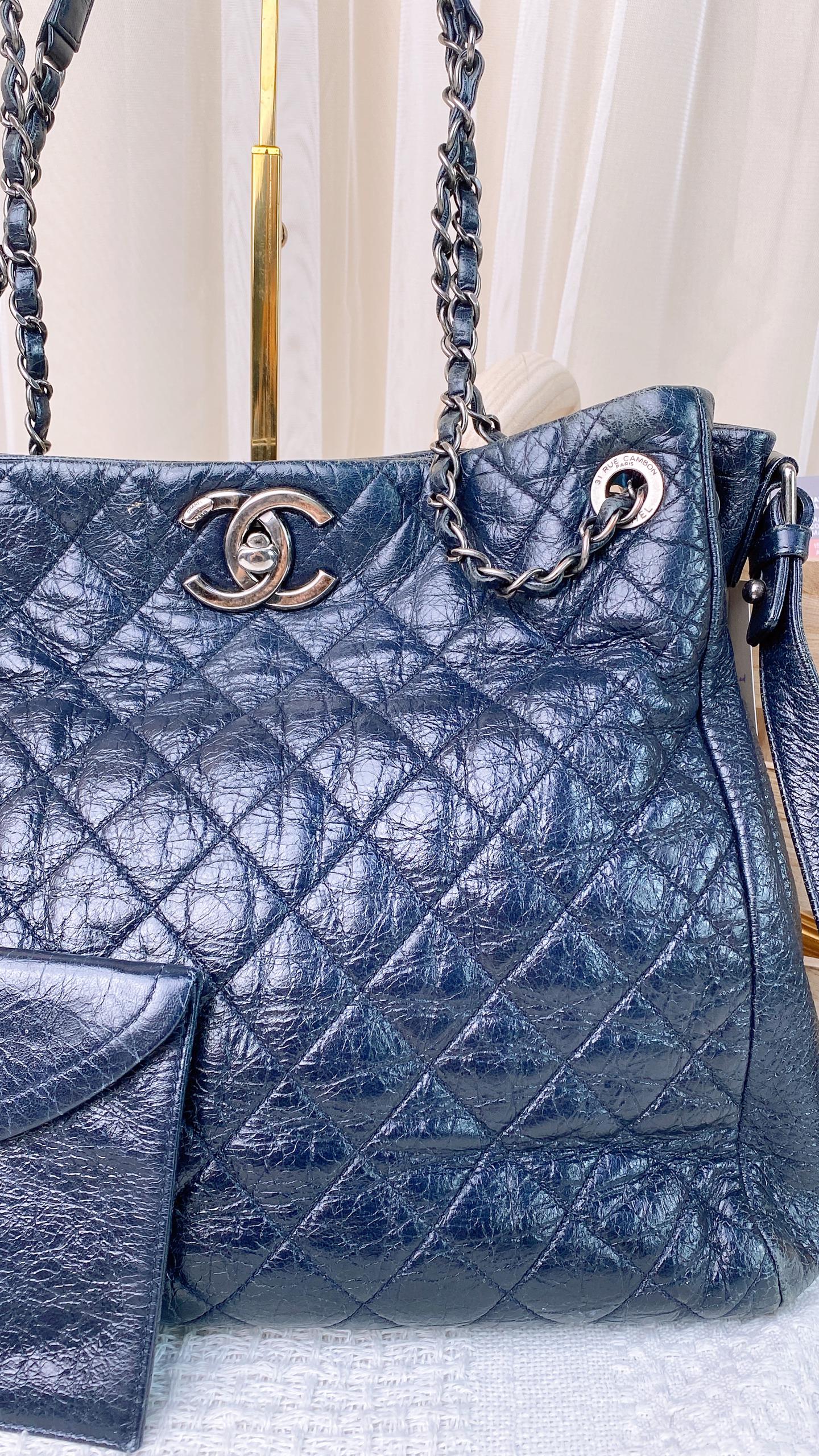 Chanel Dark Navy Calfskin Distressed CC Tote w Pouch