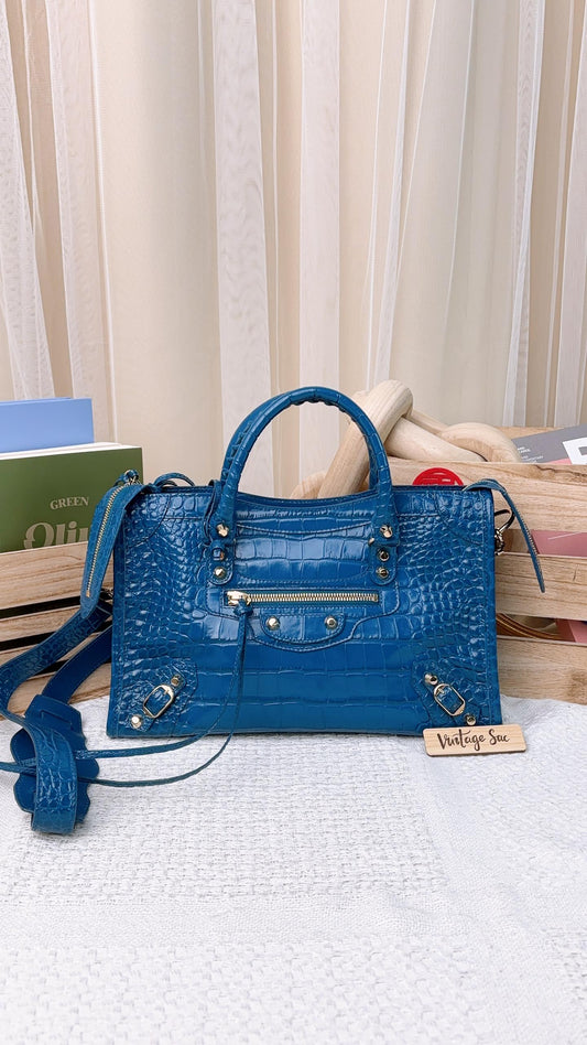 Balenciaga Blue Croc Embossed Small City Bag LGHW