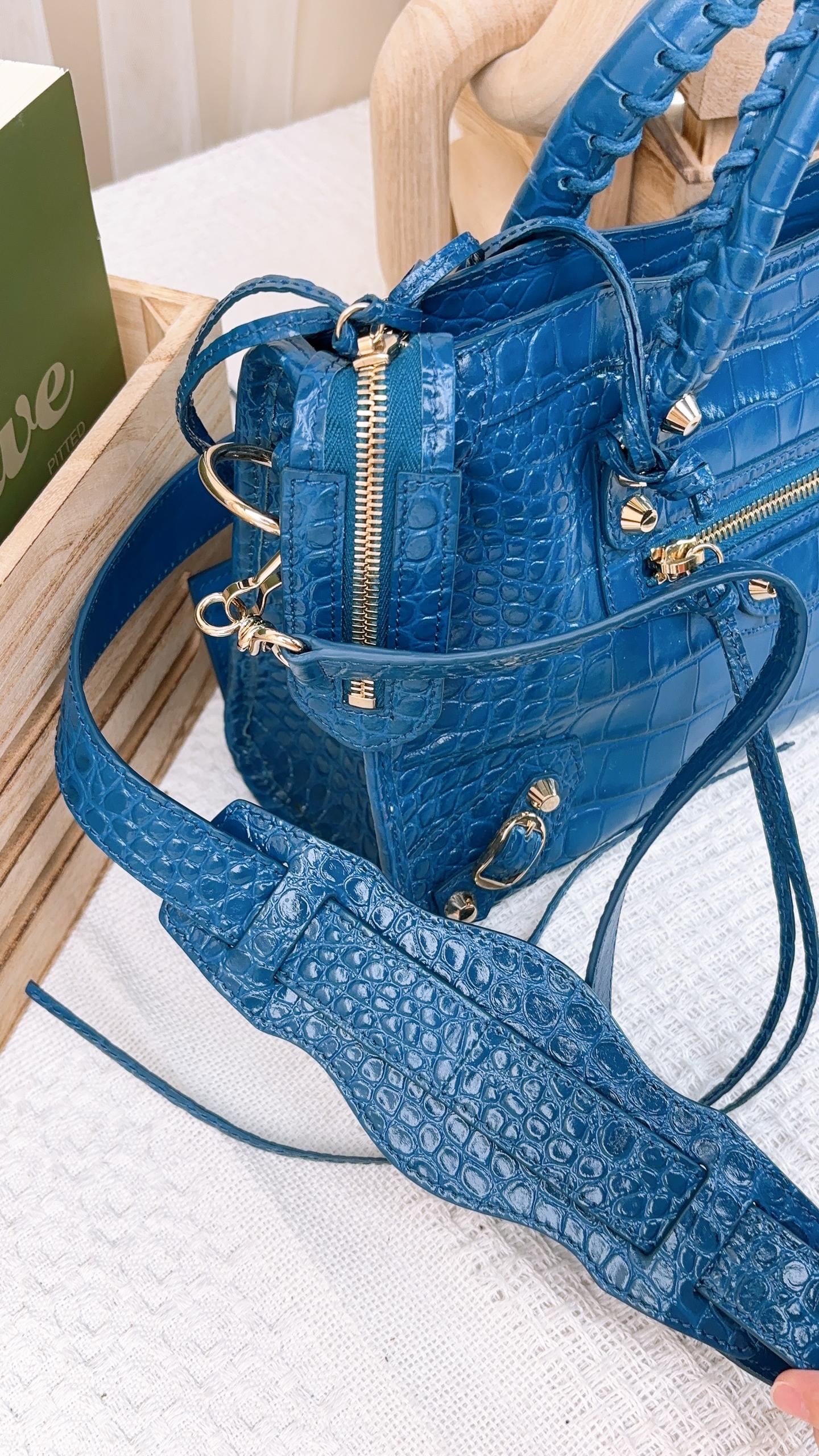 Balenciaga Blue Croc Embossed Small City Bag LGHW