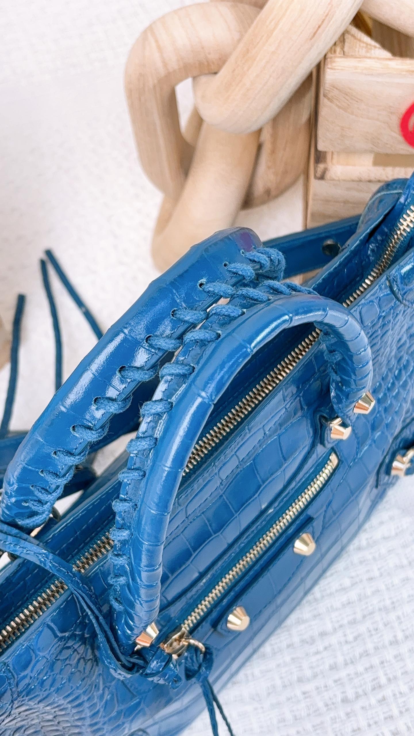 Balenciaga Blue Croc Embossed Small City Bag LGHW