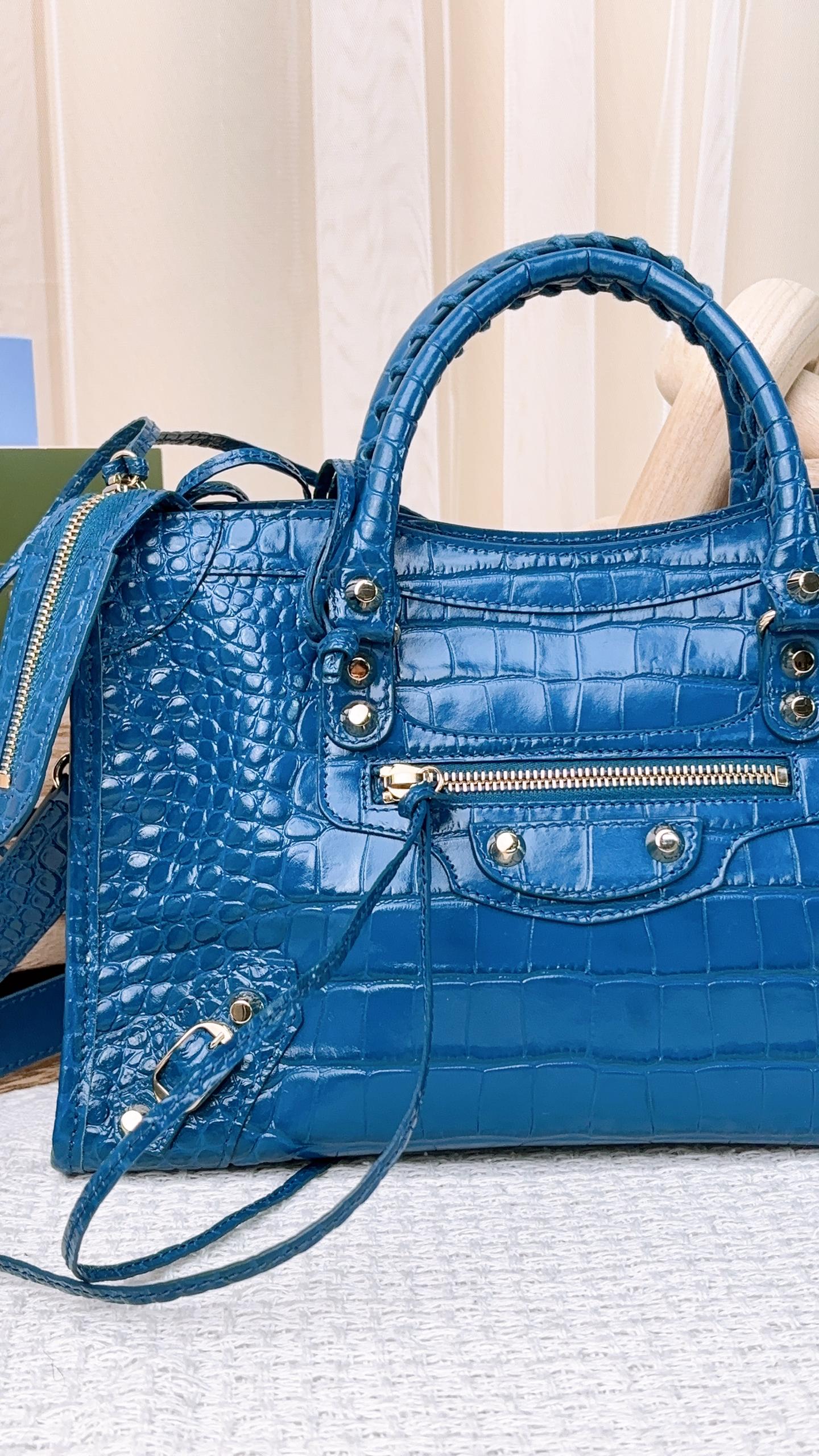 Balenciaga Blue Croc Embossed Small City Bag LGHW