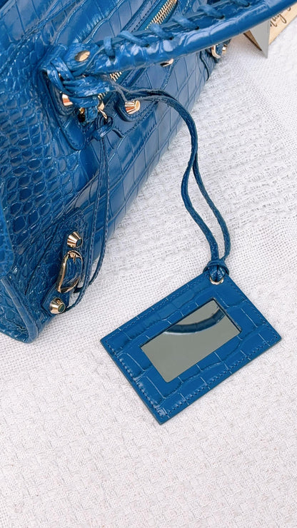 Balenciaga Blue Croc Embossed Small City Bag LGHW