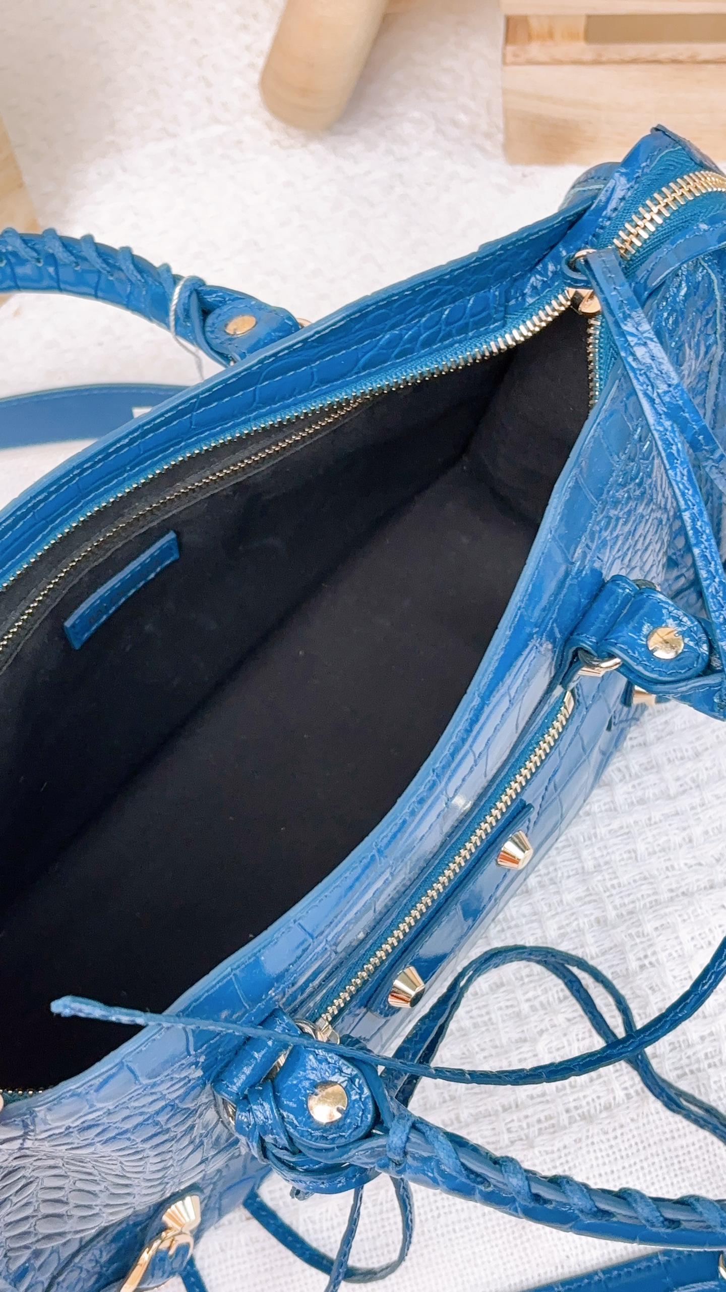 Balenciaga Blue Croc Embossed Small City Bag LGHW