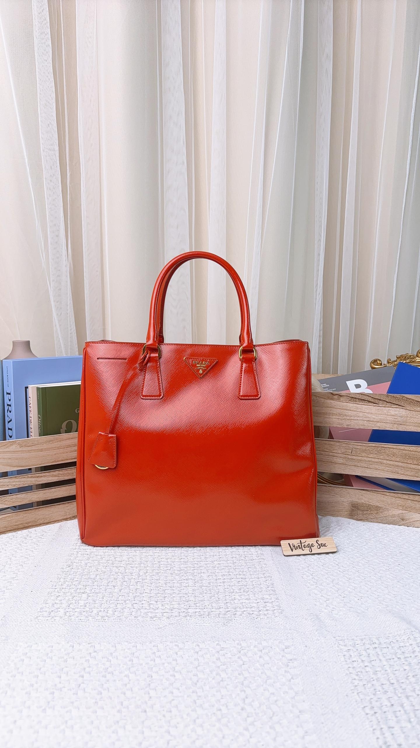 Prada Orange Saffiano Lux Leather Tote