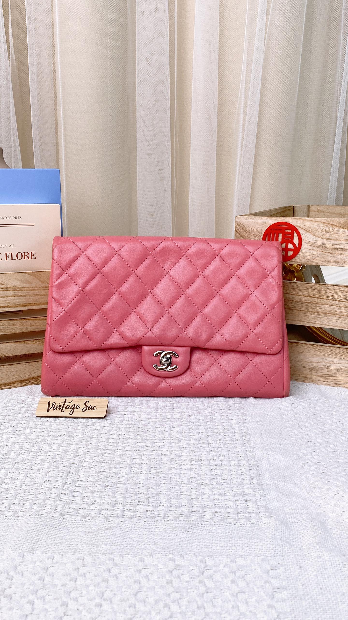 Chanel Pink Lambskin Timeless Clutch with Chain (SHW)