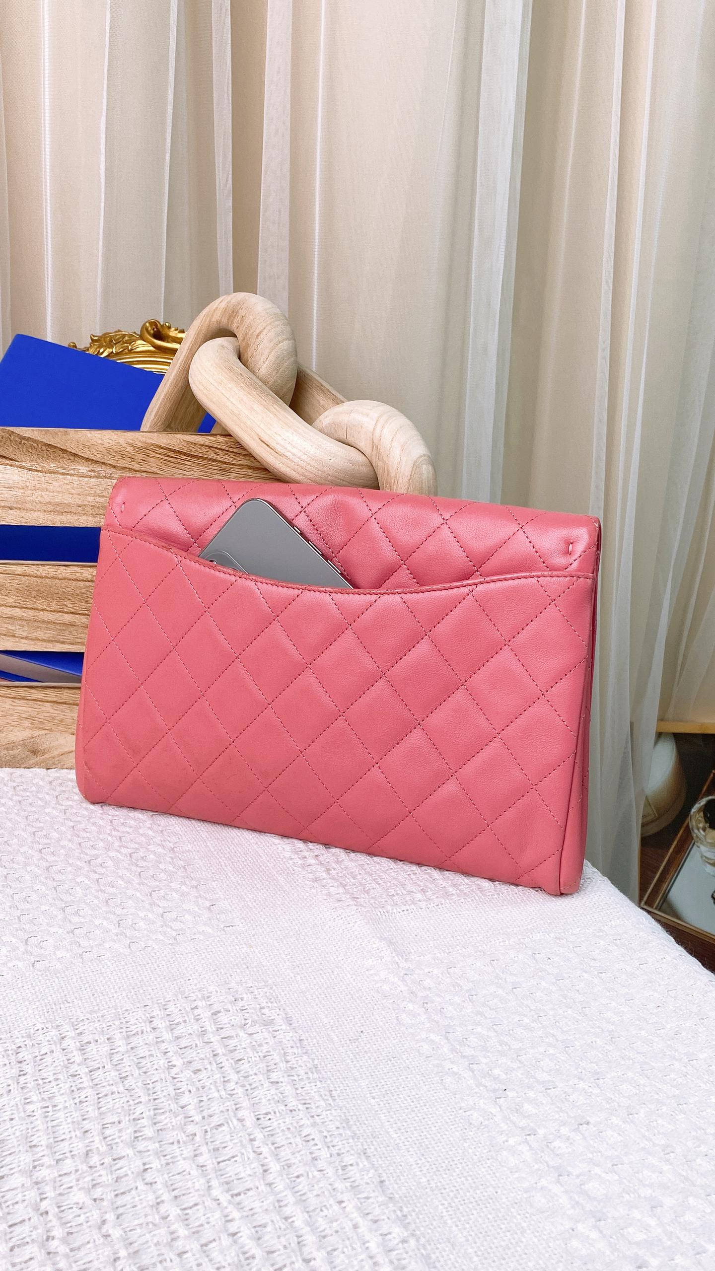 Chanel Pink Lambskin Timeless Clutch with Chain (SHW)